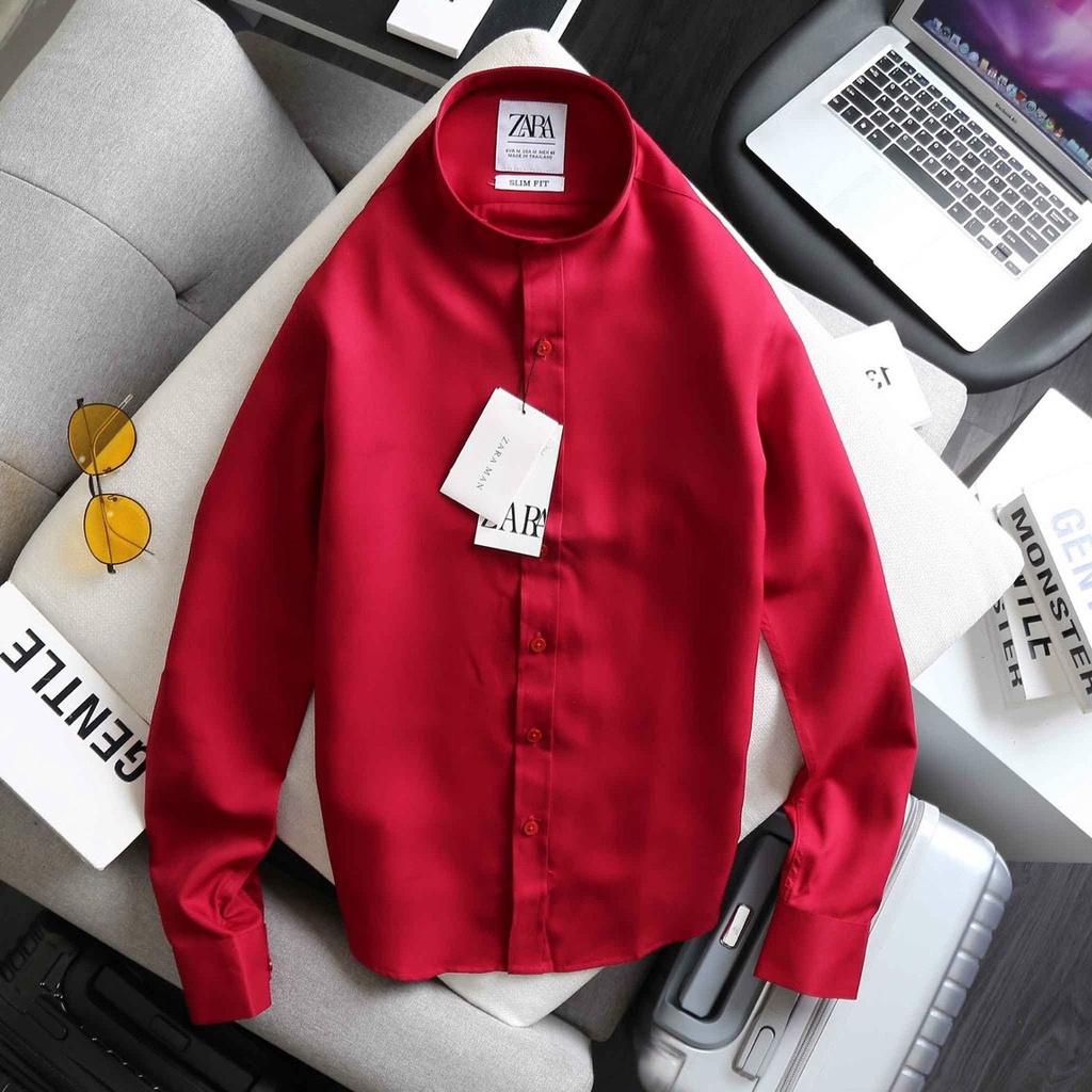 Áo sơ mi nam công sở cổ trụ màu đỏ đậm chuẩn shop Riofashion