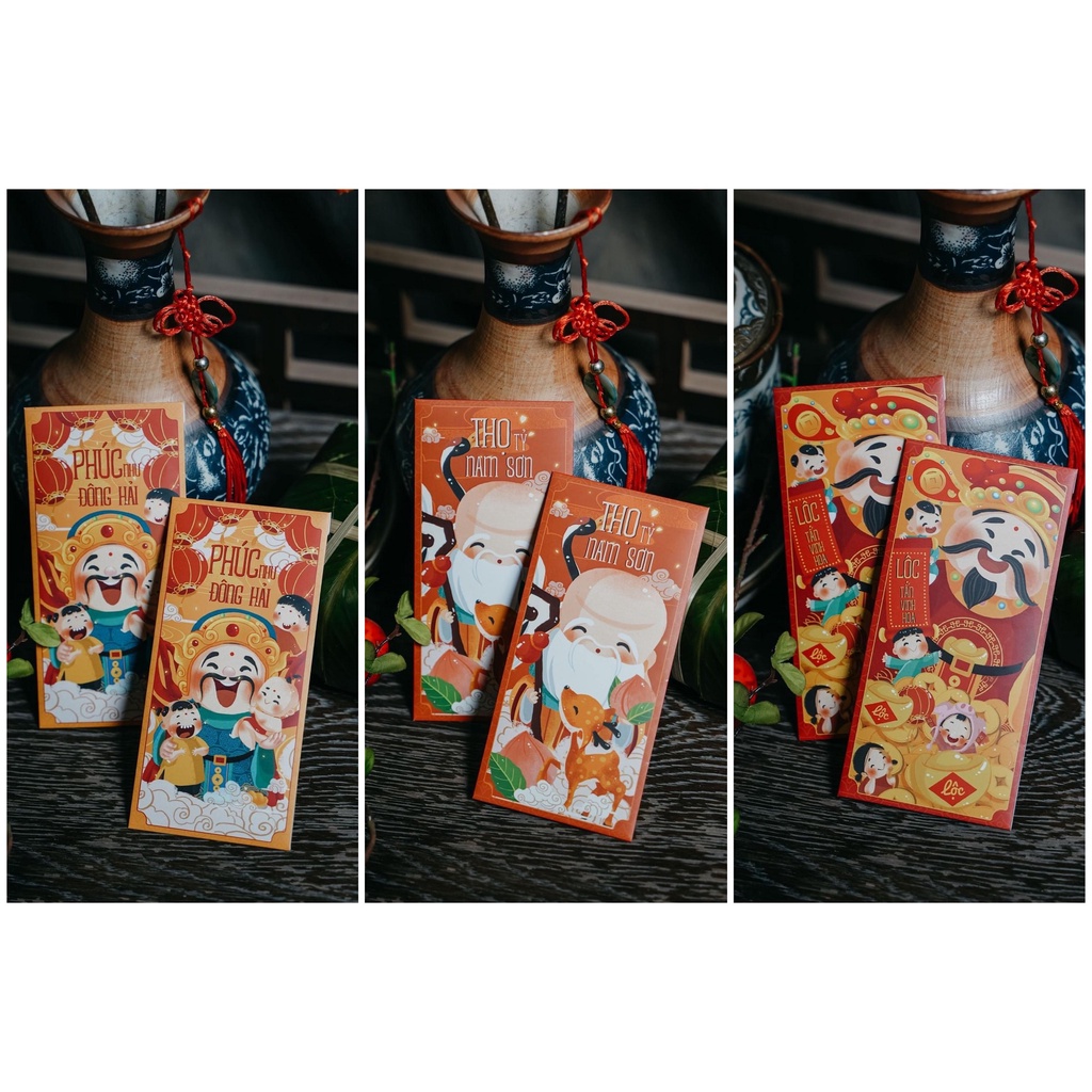 Sét 12 Bao Lì Xì Tết thiết kế đặc sắc - Hình ông Phúc Lộc Thọ - Giấy C150 cán mờ in sắc nét