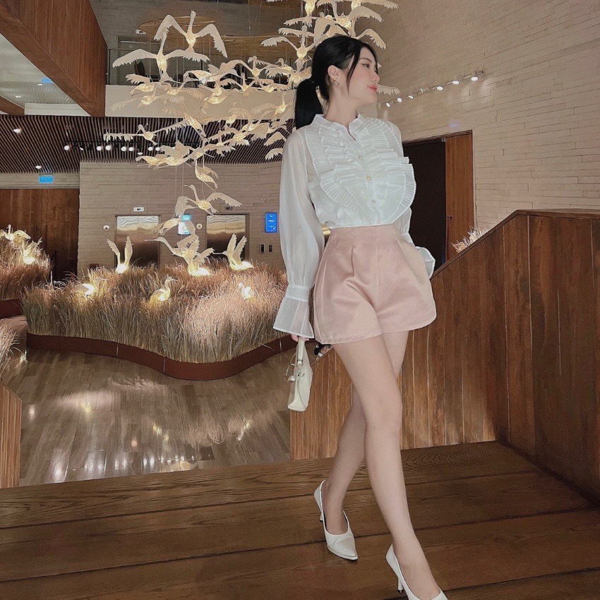 Áo sơ mi nữ tiểu thư cổ tàu phối nhún bào hàng đẹp A358 SUTANO