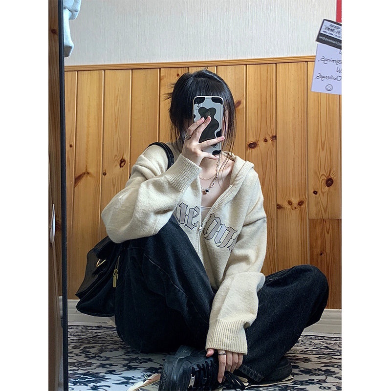 Áo Khoác Cardigan Dệt Kim Tay Dài Có Khóa Kéo Dáng Rộng Phong Cách Retro Mỹ Thời Trang Mùa Thu Hàng Mới Dành Cho Bạn Nữ