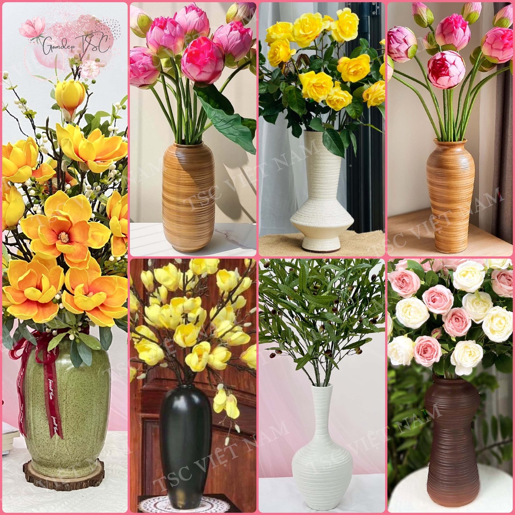 Bình hoa decor cắm sen và hoa hồng - Lọ gốm sứ Bát Tràng men mộc - Nhiều mẫu
