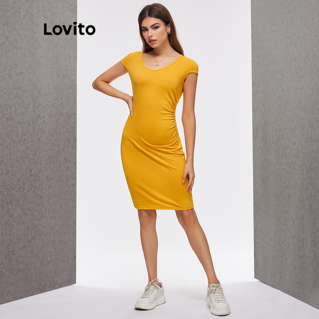 (Hàng có sẵn) Lovito Đầm Ôm Body Tay Ngắn Cổ Tròn L20D1202 Màu Vàng
