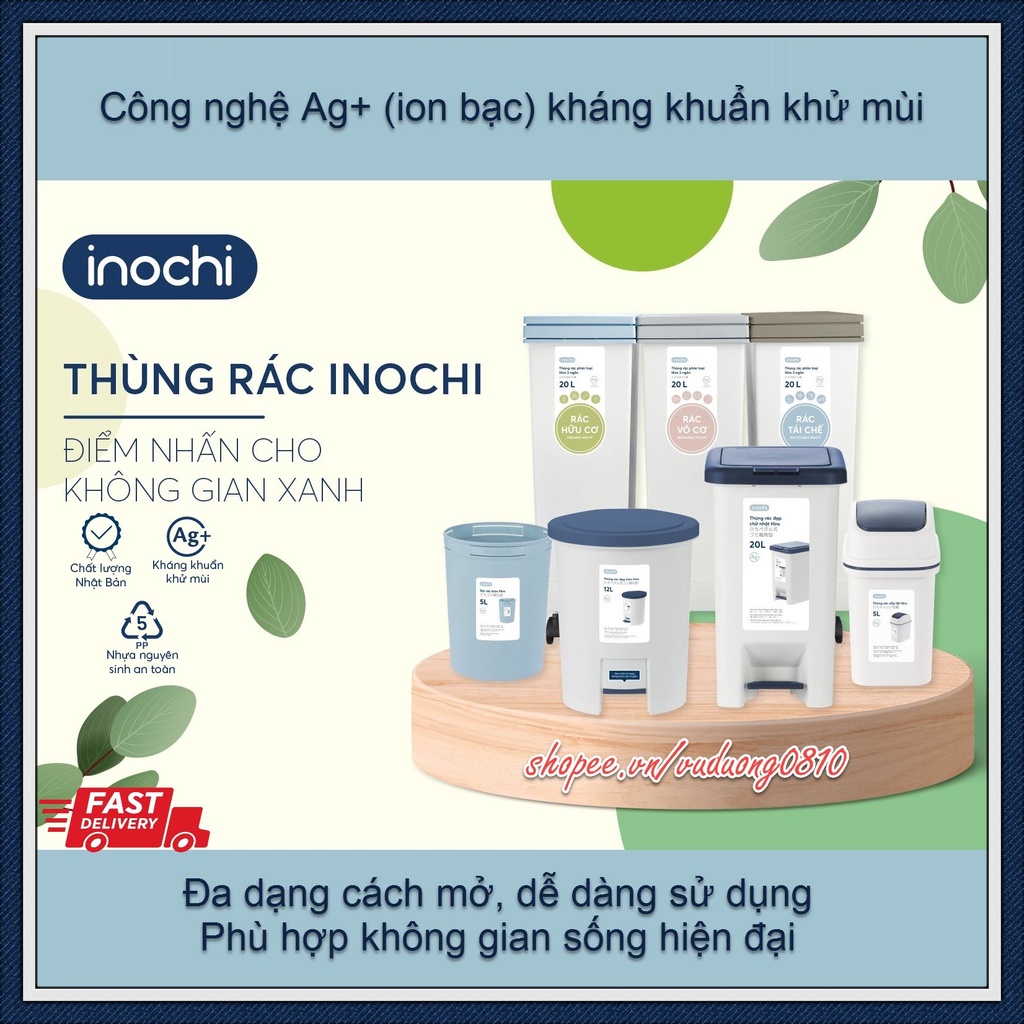 Thùng rác đạp chữ nhật cao cấp Inochi (có lõi) ✿✿✿ ion Ag+ kháng khuẩn khử mùi [Hoả tốc HCM]