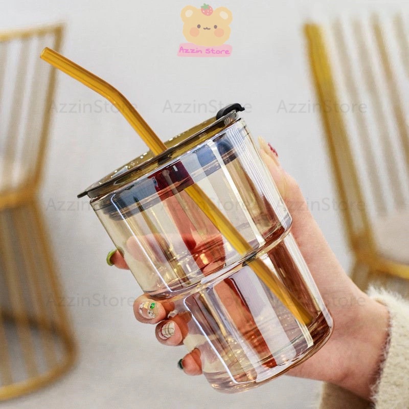 Cốc Thủy Tinh Màu Hổ Phách Bọc Da Cao Cấp 450ML - Azzin Store