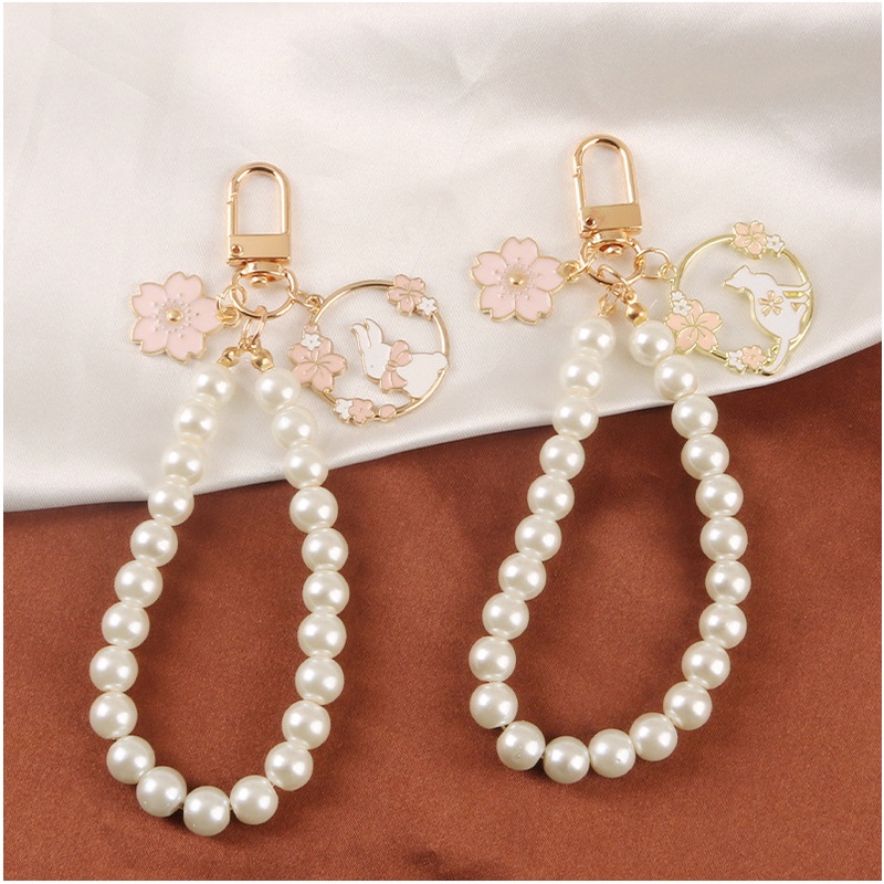 Móc Khóa Hình Thỏ / Mèo Bằng Kim Loại Đính Ngọc Trai Dễ Thương