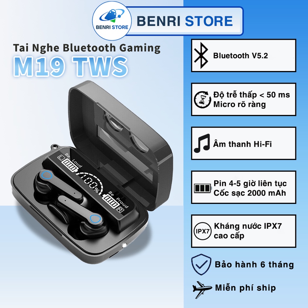 Tai Nghe Không Dây Bluetooth Gaming 5.1 TWS M19 Nâng Cấp Âm Thanh Kiêm Sạc Dự Phòng Chống Ồn Chạm Cảm Ứng