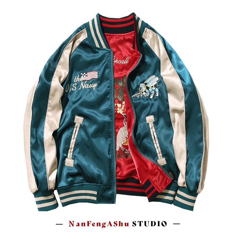 Áo Khoác Bóng Chày Hai Mặt Bằng Satin Thêu Hình Ong Phong Cách Harajuku Nhật Bản Cổ Điển Dành Cho Nam varsity jacket áo varsity jacket áo khoác varsity jacket varsity jacket nam varsity jacket 2hand áo varsity jacket nam varsity jacket bomber