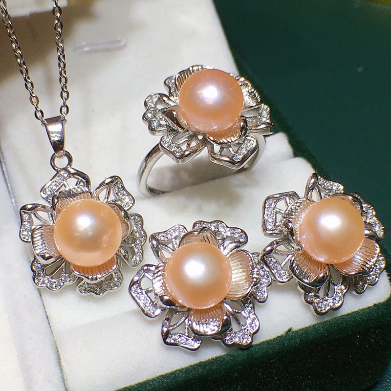 Bộ Trang Sức Ngọc Trai Hình Bông Hoa 8-9mm