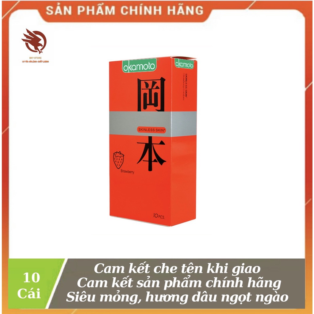 [ CHÍNH HÃNG ] - Bao Cao Su Okamoto Skinless Skin Strawberry, siêu mỏng, hương dâu ngọt ngào quyến rủ - Hộp 10 cái