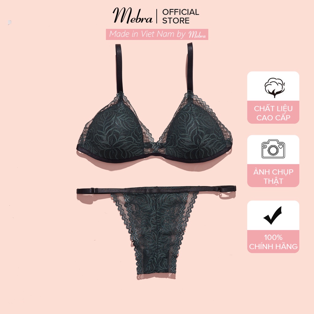 Bộ đồ lót bralette ren lá liễu màu xanh rêu thiết kế không gọng mút mỏng thương hiệu Mebra  A078