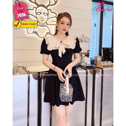 [11.11 Sale Freeship] Đầm tiểu thư sang chảnh,đầm màu đen xếp ly phối cổ bèo thắt nơ tay ngắn phong cách thời trang mtb