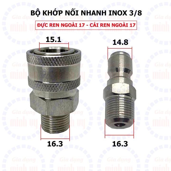 Bộ khớp nối nhanh INOX 3/8" - ren 17mm đầu ra cho máy rửa xe áp lực cao, máy xịt rửa cao áp, máy rửa xe gia đình