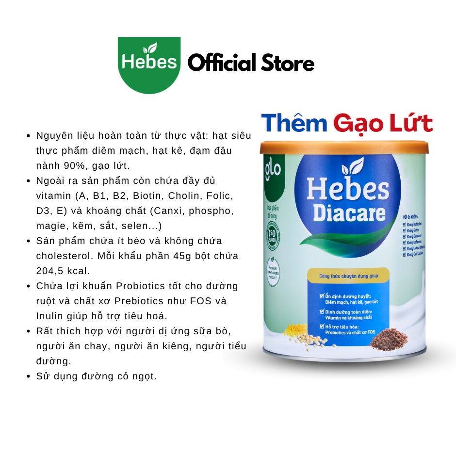 Sữa hạt tiểu đường Hebes Diacare 100% từ thực vật không chứa đường kính 800Gram