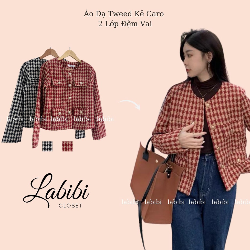 Áo Khoác Dạ Tweed Kẻ Caro Zichzac Tay Dài 2 Lớp Có Đệm Vai, Labibi