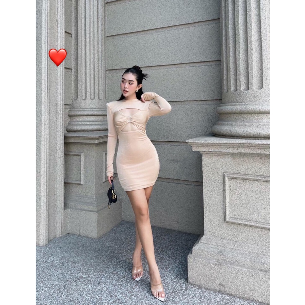 Đầm tay dài cổ tròn khoen ngực khoét trên dưới dáng ngắn sexy , chất thun gân mềm mịn