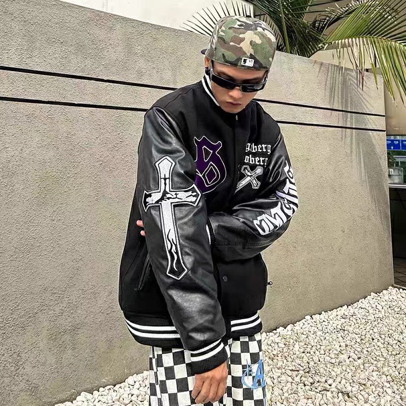Áo bomber nam vải dạ tay da thêu thánh giá trước,Áo varcity Miuzi DT140