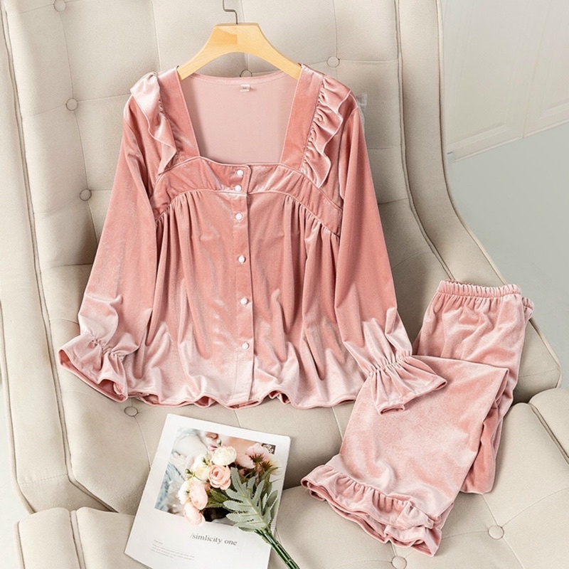 Bộ ngủ dài tay chất nhưng phong cách công chúa thời trang thu đông cho nữ