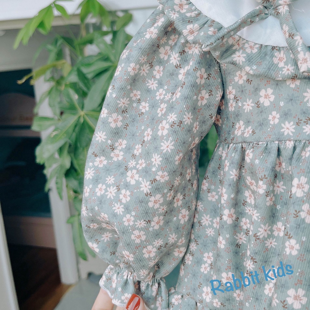 Váy Thu Đông BabyDoll Cho Bé Gái💝FREESHIP💝Rabbit Kids -Đầm Dài Tay Trẻ Em 8-32kg Nhung Tăm Hoa Xanh Mềm Mại