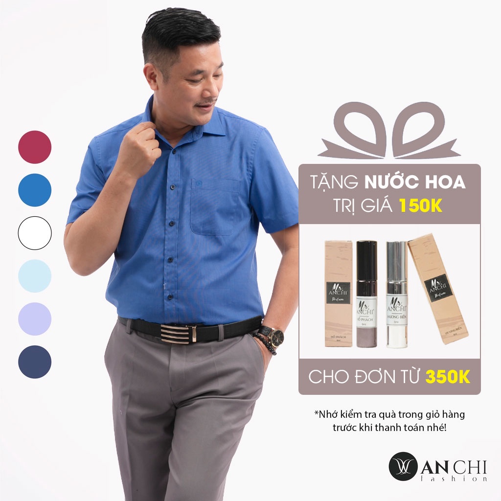 Áo Sơ Mi Nam Ngắn Tay Trung Niên ANCHI Màu Xanh Biển Trơn Vải Sợi Tre Cao Cấp