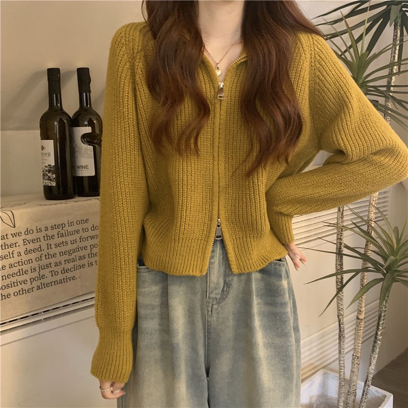 Áo Khoác Cardigan Dệt Kim Dáng Ngắn Có Khóa Kéo Đôi Phong Cách Hàn Quốc Thời Trang Thu Đông
