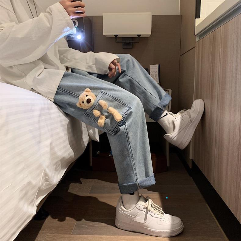 Quần Jeans ống rộng Unisex 2 màu đen xanh kèm gấu gắn túi độc lạ ❕