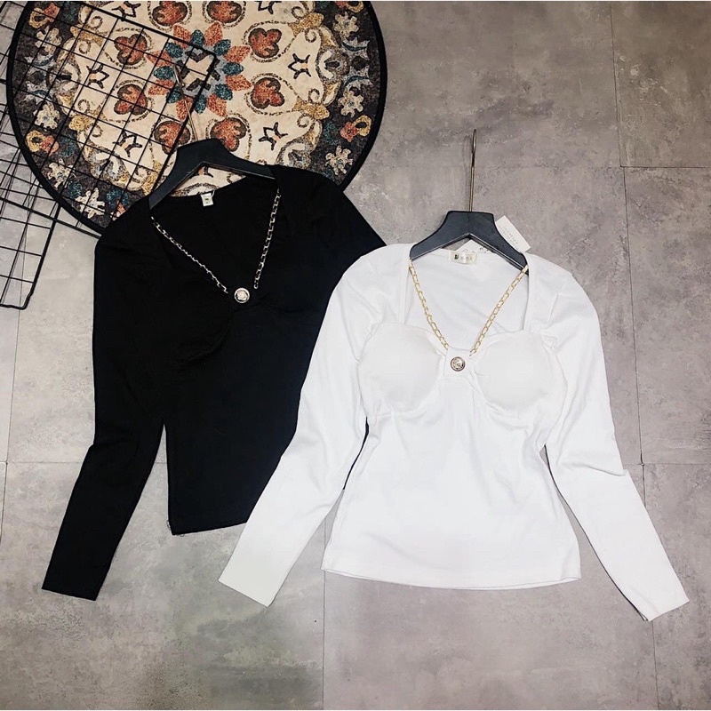 Áo croptop nữ tay dài phối xích có mút ngực Áo croptop nơ ngực kèm dây xích A791