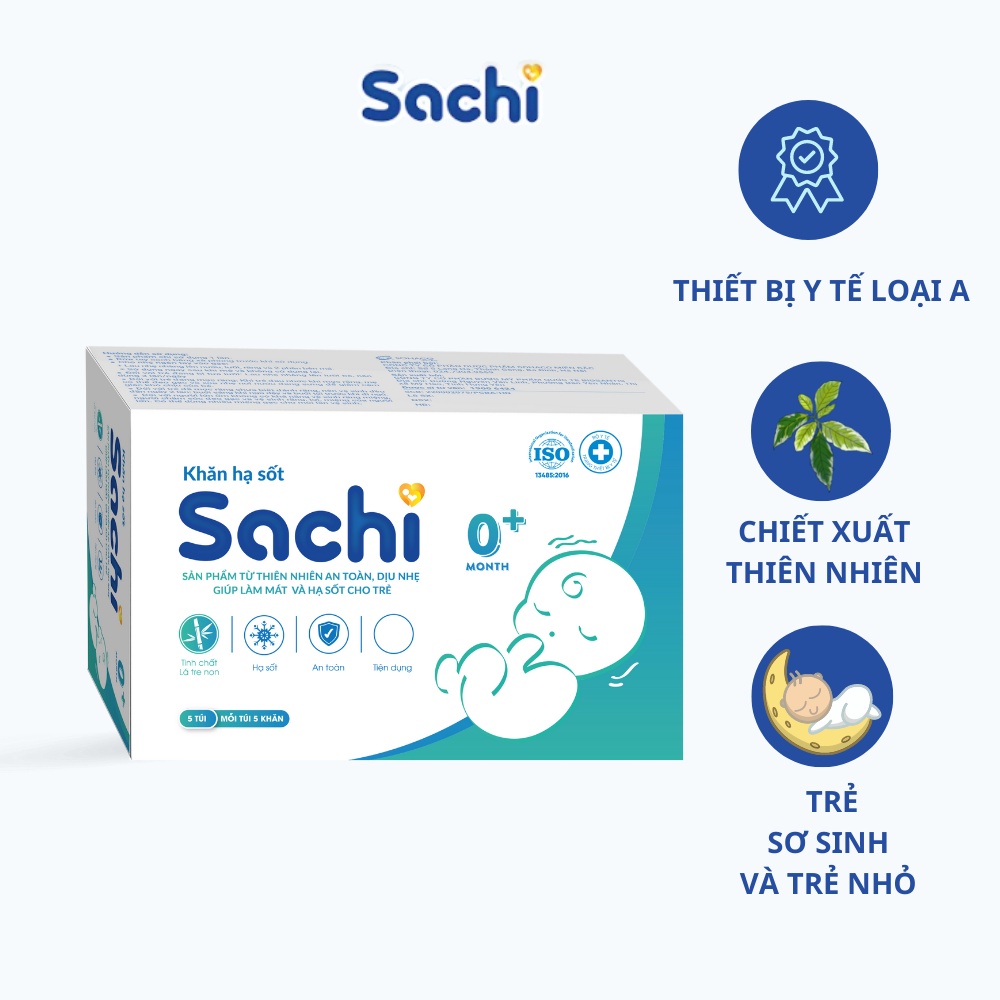 Khăn hạ sốt thảo dược SACHI 0+ dịu nhẹ, giúp hạ nhiệt, giảm sốt, làm mát da, an toàn cho trẻ sơ sinh từ 0 tháng tuổi