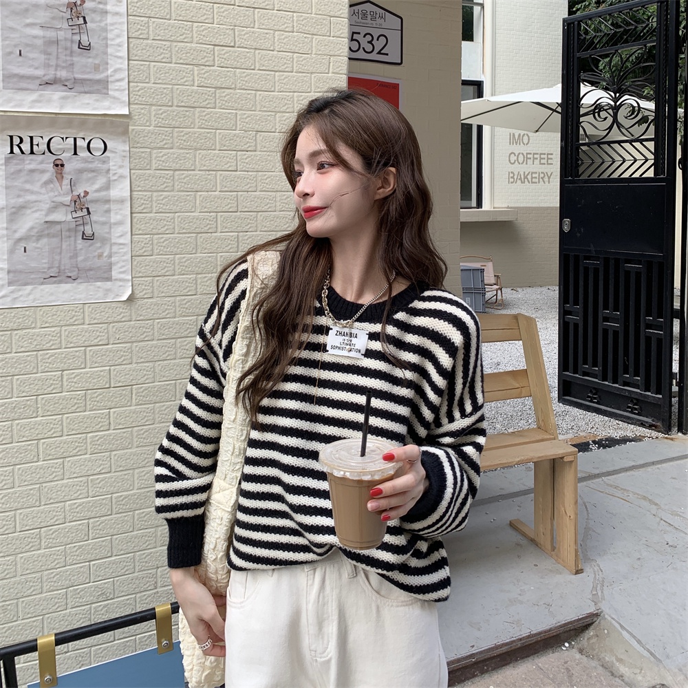 ZHELIHANGFEI Áo Len Tay Dài Form Rộng Họa Tiết Sọc Theo Phong Cách Phương Tây Dễ Phối Đồ
