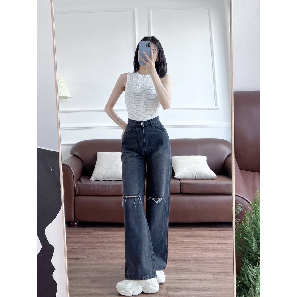 Quần Jeans ống rộng lưng cao Ulzzang hàng cao cấp, Quần Simple Jeans ống rộng cạp cao rách gối