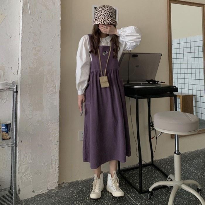 🌼váy babydoll Đầm Yếm Dáng Dài Mềm Mại Thêu Họa Tiết Bò Sữa Dễ Thương Phong Cách Nhật Bản Cho Nữ