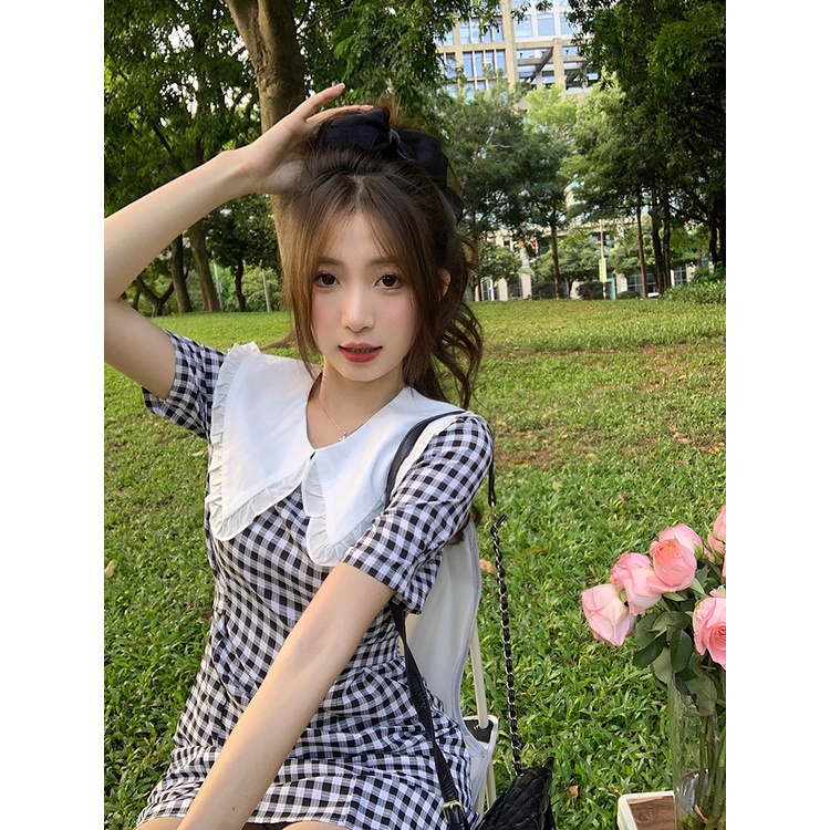 Đầm Nữ Tay Ngắn Cổ Búp Bê Họa Tiết Caro Đa Năng Phong Cách Hàn Quốc