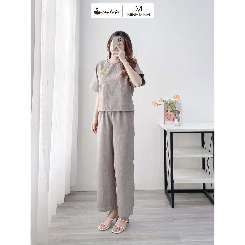 Set Đồ Bộ Trung Niên Linen Thêu Cao Cấp Sang Trọng Quý Phái Tặng Mẹ Swanlake - B10187LW01