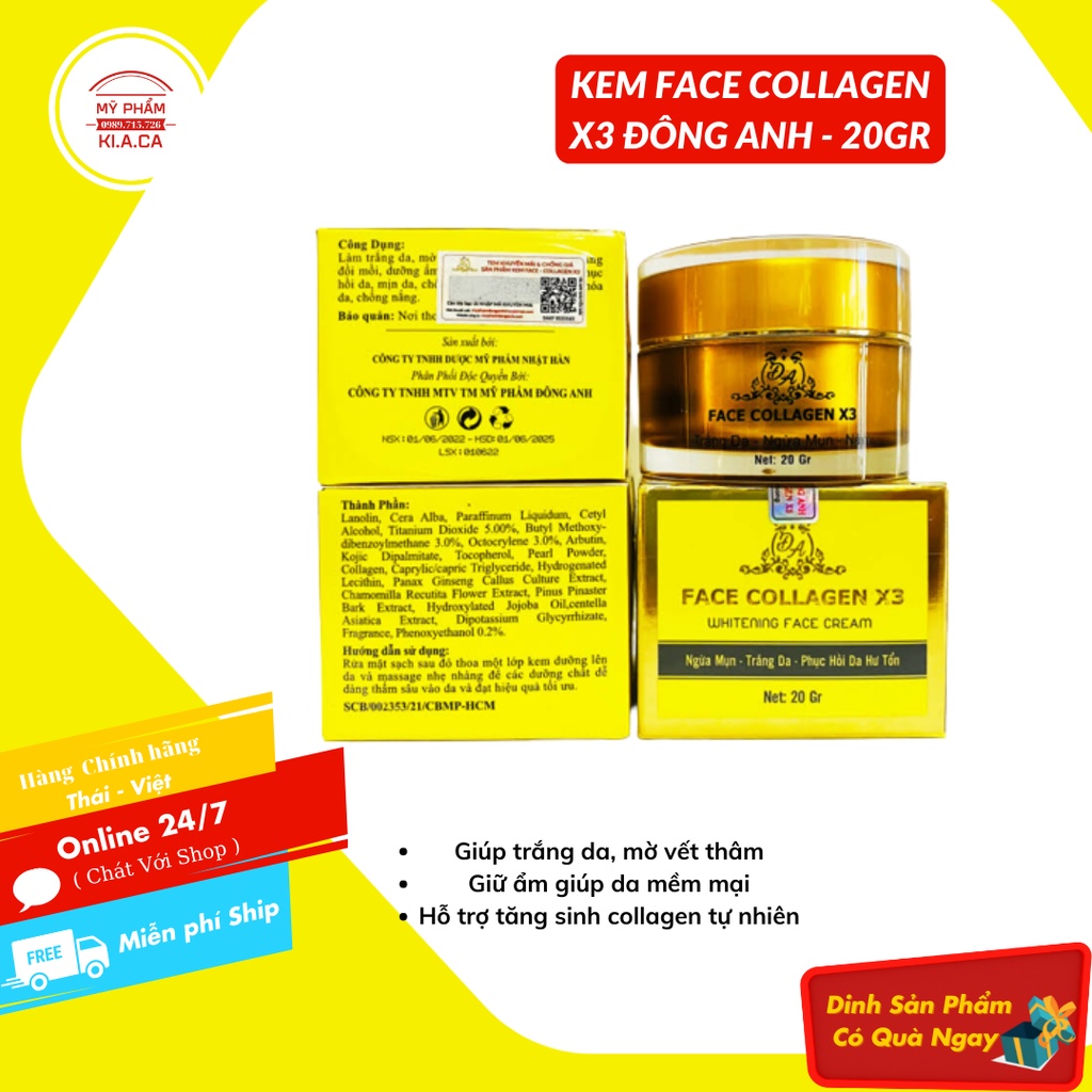 Kem Face Collagen X3 Đông Anh 20gr - Giúp Da Trắng Sáng, Mịn Màng, Ngừa Mụn, Phục Hồi Da Hư Tổn