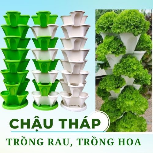 (Có đĩa) Combo Bộ 5 Chậu Tháp Xếp Tầng Kèm Lưới thông minh trồng rau, hoa cảnh