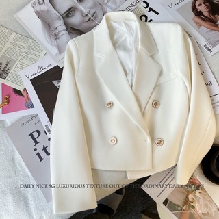 Áo blazer nữ dáng ngắn màu trắng, cúc ngọc, phong cách hàn quốc