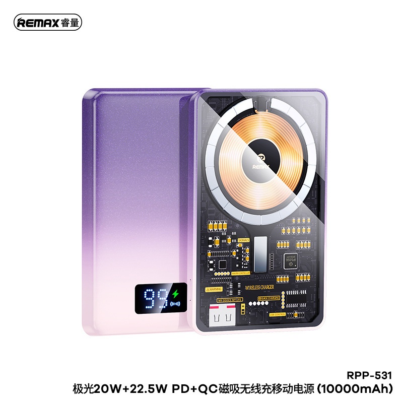 Pin Dự Phòng Không Dây REMAX RPP-531 Aurora 20W + 22.5W PD + QC 10000mAh