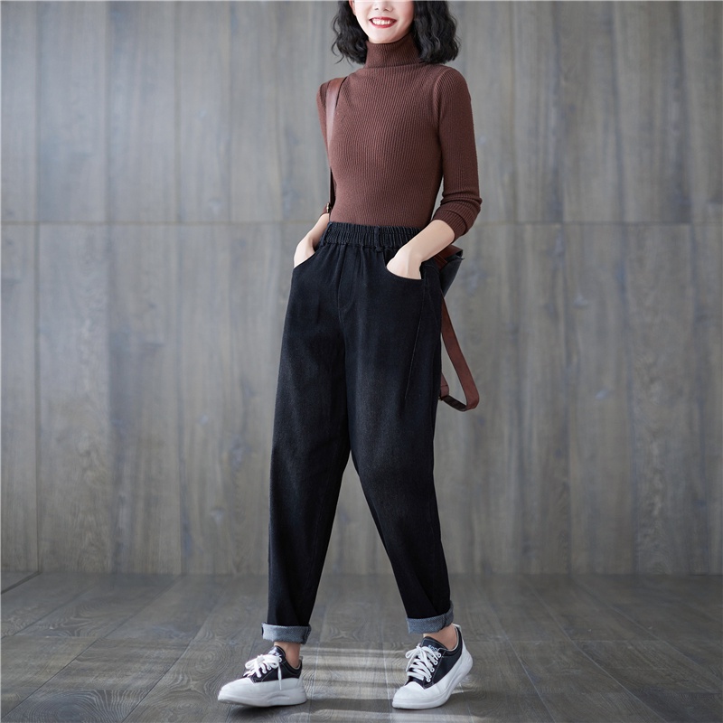 CÓ SẴN SIZE M B375 Quần bò bigsize cạp chun dáng suông màu đen đơn giản
