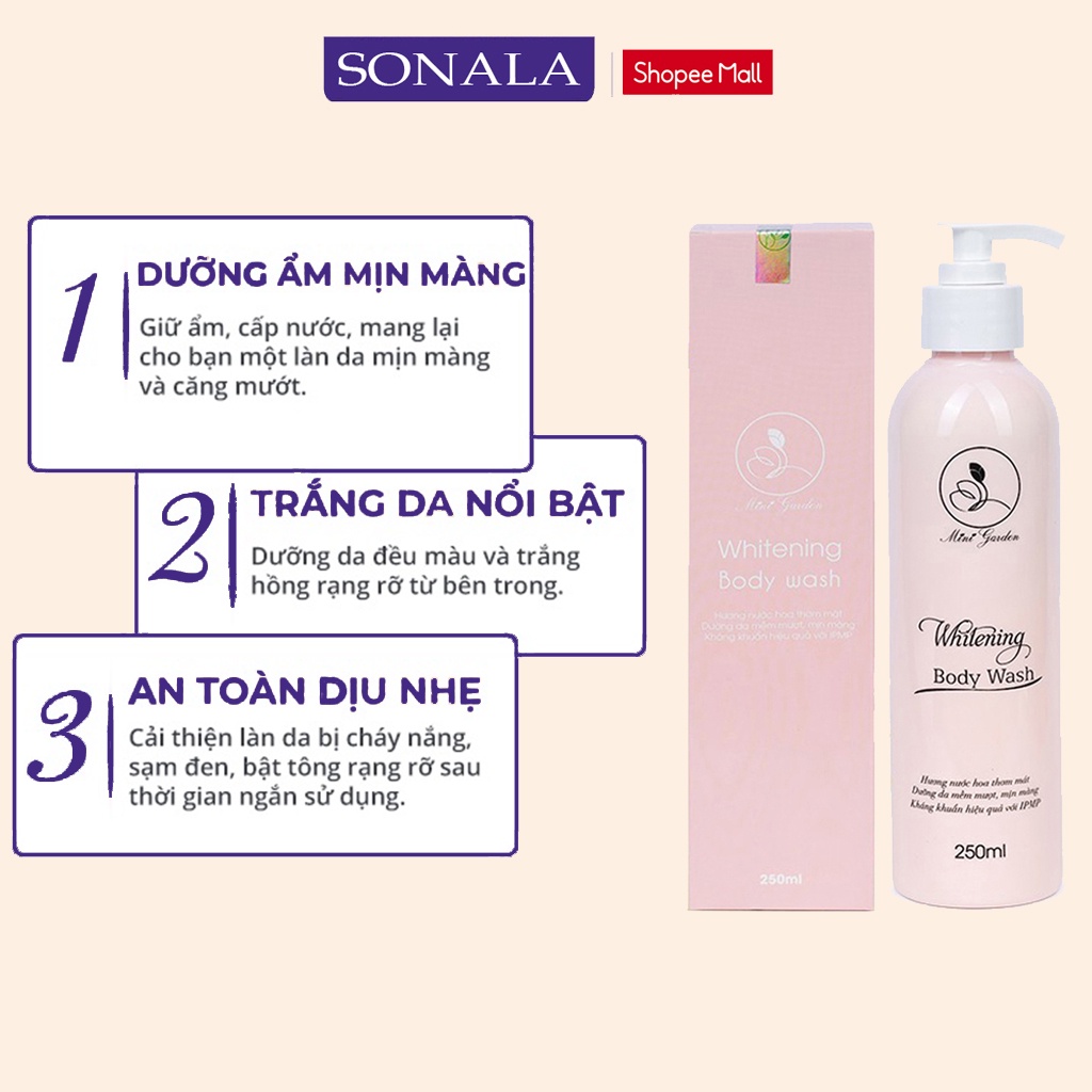 Sữa Tắm Trắng da men bia MiniGarden Whiteing Body Wash 250ml dưỡng ẩm không bắt nắng an toàn