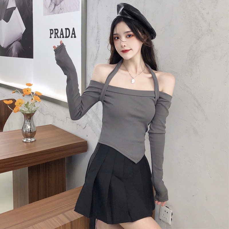 ZHELIHANGFEI Áo Thun Nữ Tay Dài Hở Vai Ôm Dáng Thời Trang