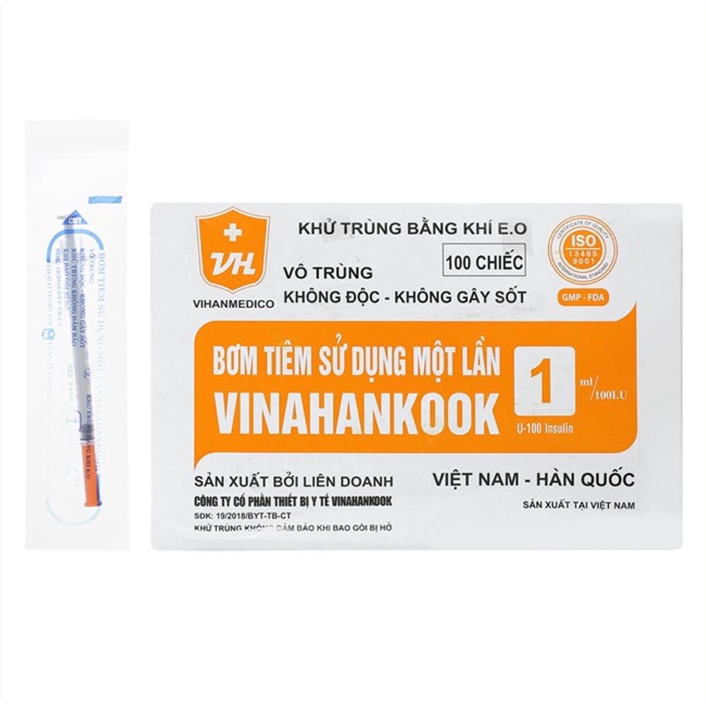 Combo 10 bơm tiêm tiểu đường Vinahankook 1ml Insulin U-100 Đầu Kim 30Gx1/2
