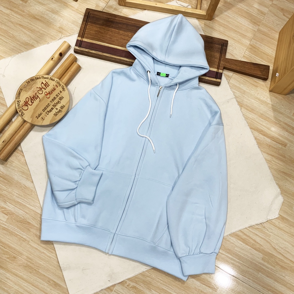 Áo Khoác Hoodie Zip Nỉ Trơn Tay Phồng Màu Xanh Ngọc Dây Kéo Dáng Rộng Nam Nữ Oversize Ulzzang Unisex - MM