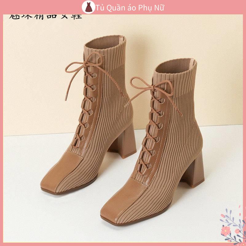 Bốt nữ cổ thấp Len Nhung Giày Bốt Martin Mũi Vuông Gót Dày Thời Trang Xuân Thu Kiểu Mới Cho Nữ