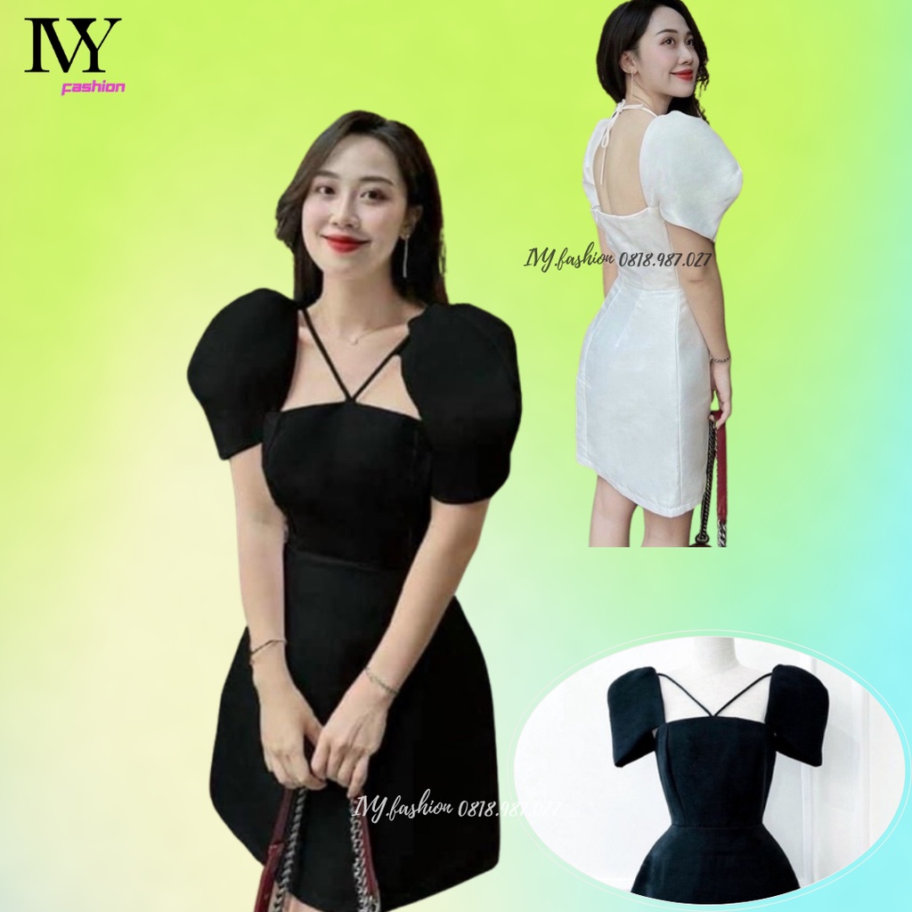 🔥40-65KG🔥 Đầm váy nữ cổ vuông bigsize 🔥phi tafta🔥 tay bồng hở lưng xòe chữ A đen trắng cổ yếm dự tiệc dạo phố bigsize