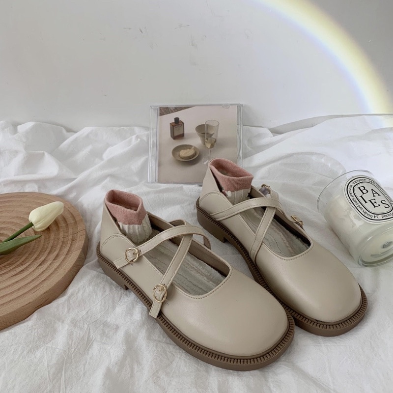 Giày búp bê có 2 quai đan chéo Mary Jane đế bằng 3cm dễ thương Yannie Lolita