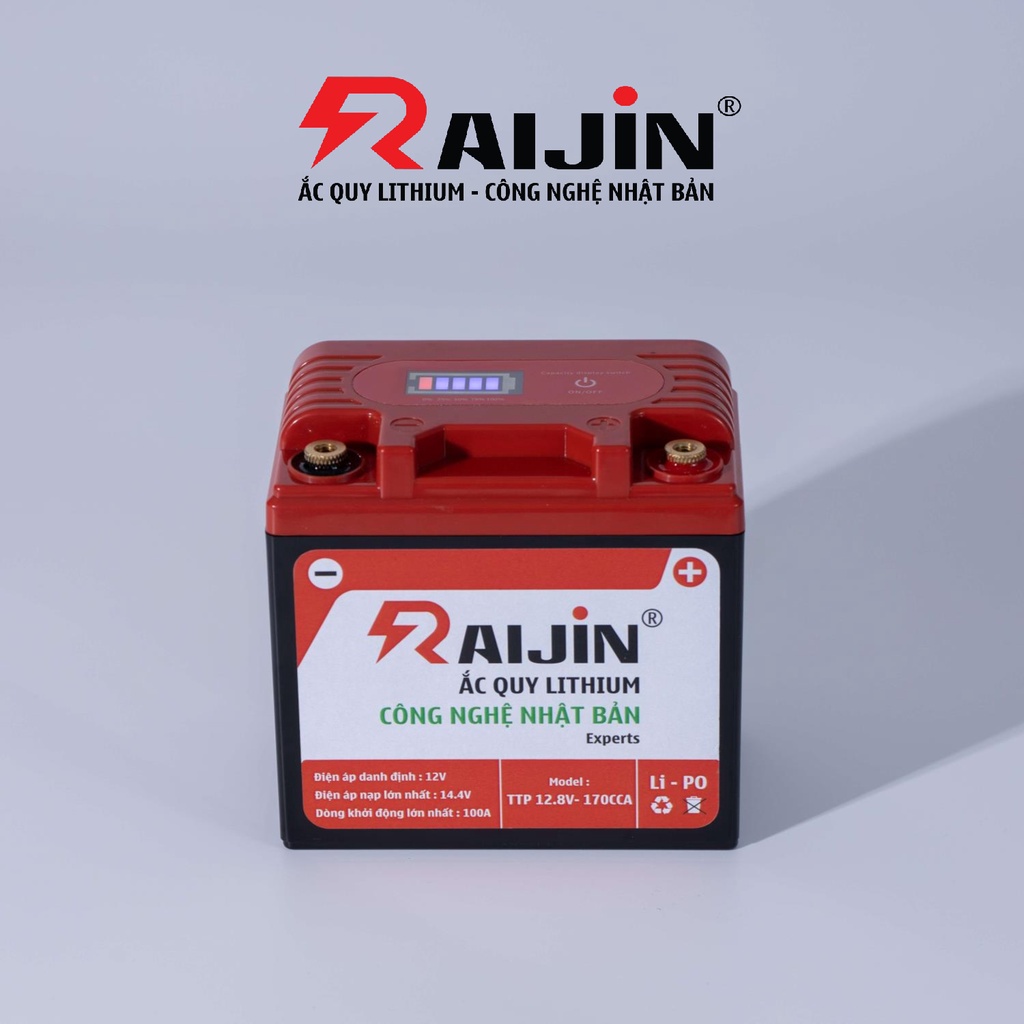 Bình ắc quy xe máy lithium RAIJIN Experts M công nghệ Nhật Bản điện áp 12v-6ah, chuyên dùng cho xe độ đèn dưới 150 Watt