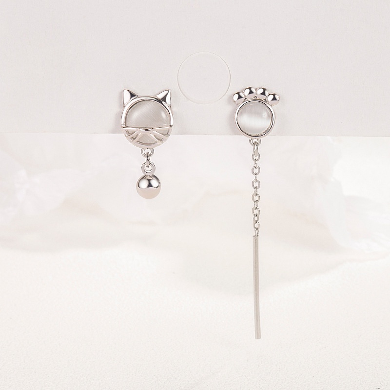 Bông tai bạc, bông tai mèo, bông tai Hàn Quốc dễ thương Moonstone, bông tai bất đối xứng thời trang, bông tai dài nữ tính thanh lịch