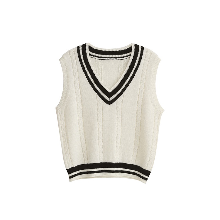 Áo Sweater Dệt Kim Không Tay Cổ Chữ v Màu Sắc Tương Phản Phong Cách Hàn Quốc Cho Nữ