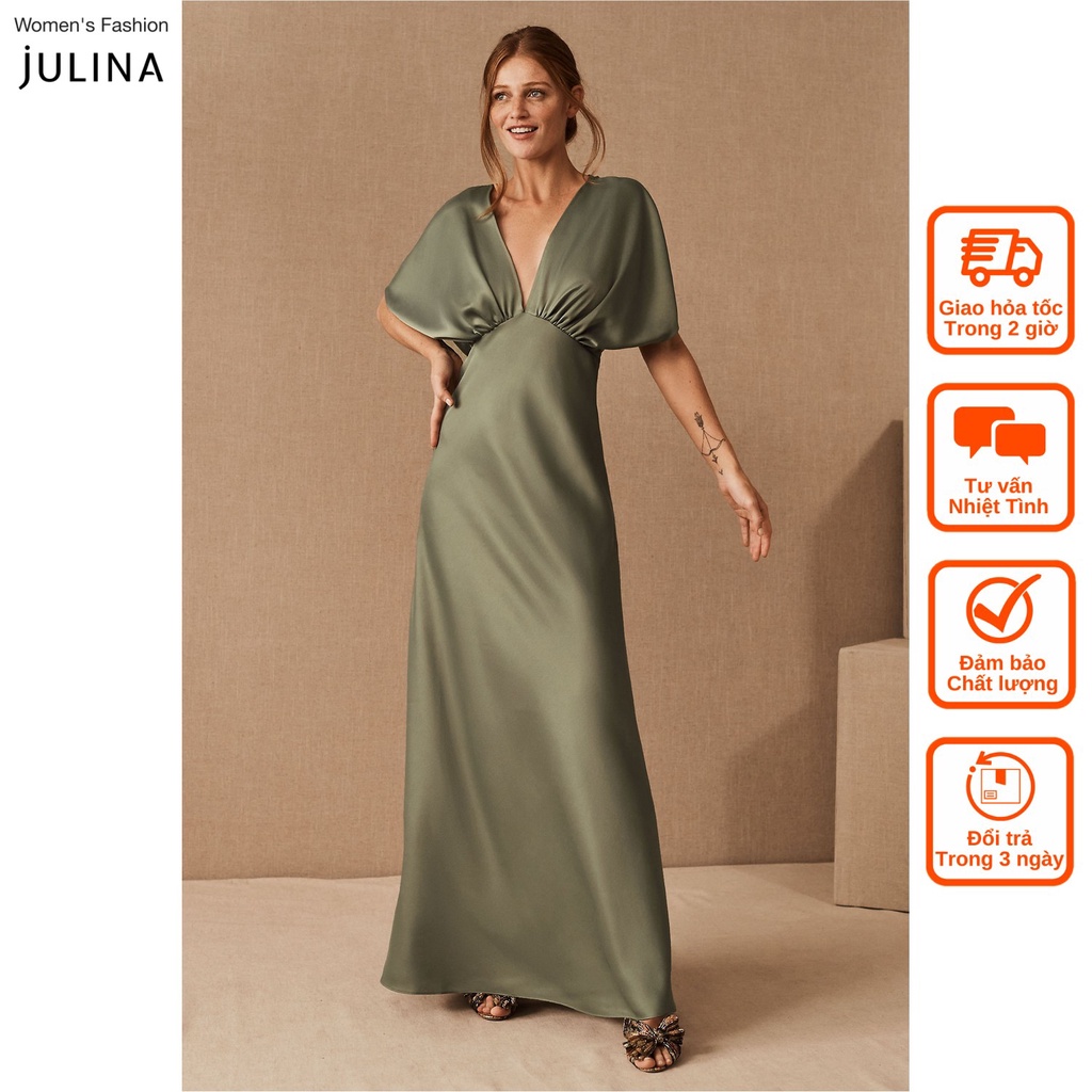 Đầm maxi cổ chữ v satin màu xanh lá sang trọng dự tiệc Julina (không mác) jf739