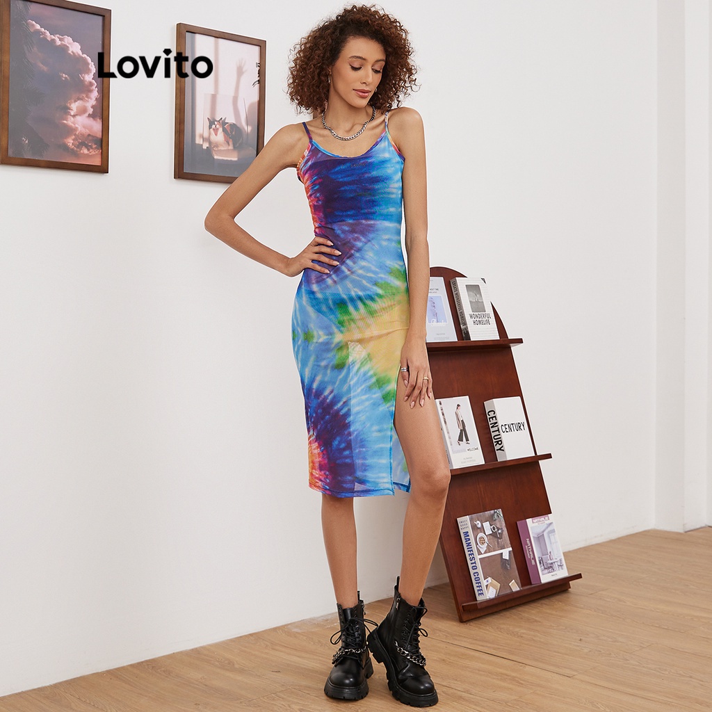 Đầm Lovito hai dây nhuộm màu loang xẻ tà đến đùi phong cách thường ngày L19E55 (Có màu)