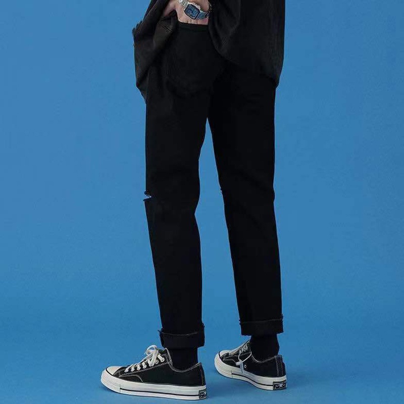 Quần Jeans Nam Baggy Đen Rách Gối Ống Rộng Suông Dáng Đứng Vải Co Giãn Nhẹ Ít Phai Màu Không Xù Lông